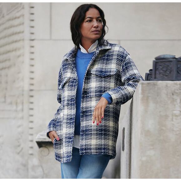 Outerknown Cloud Weave Shirt Jacket Womens Size L Blue Birch Optic Plaid Shacket - Picture 1 of 10